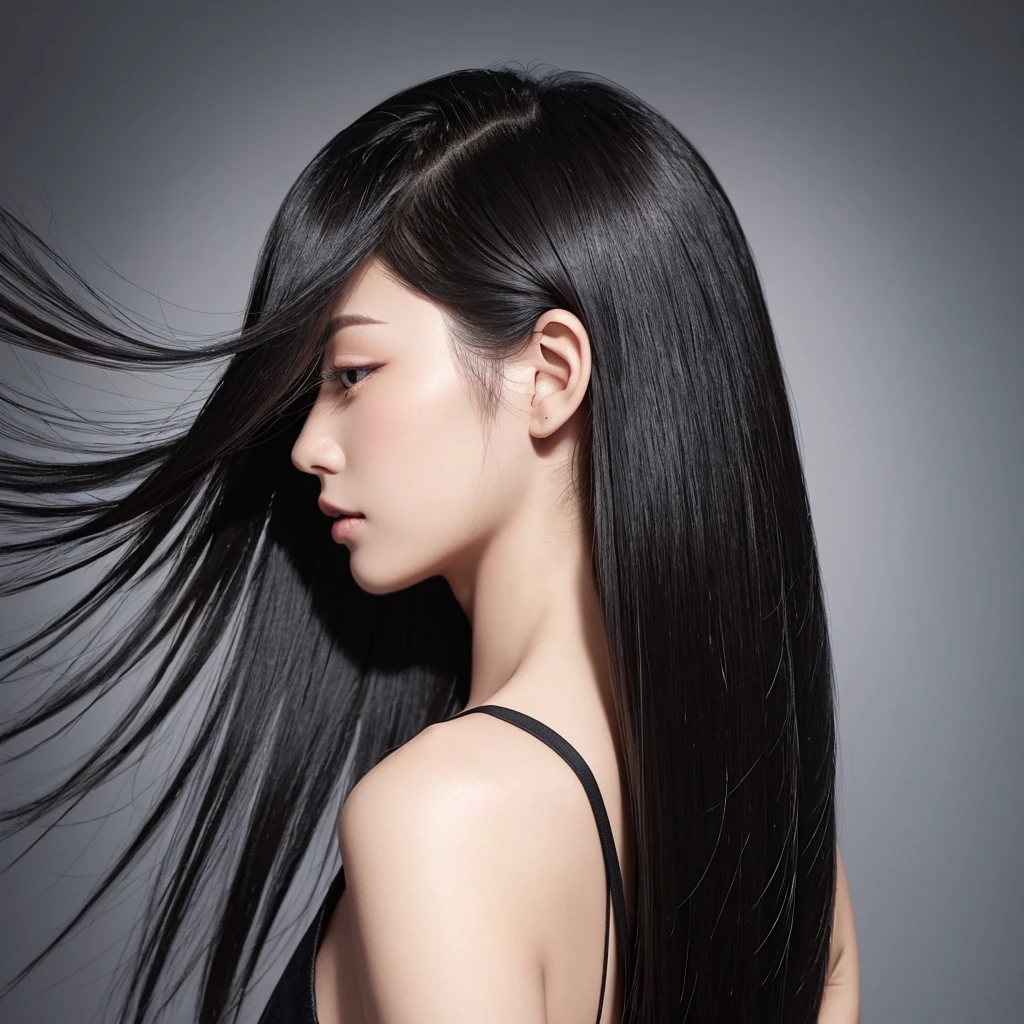 High quality, real photo, Japanese, black hair, shiny, beauty salon commercial, constant light intensity, only hair swaying, hair swaying in the wind, back view, silver background, hair length the same, only hair