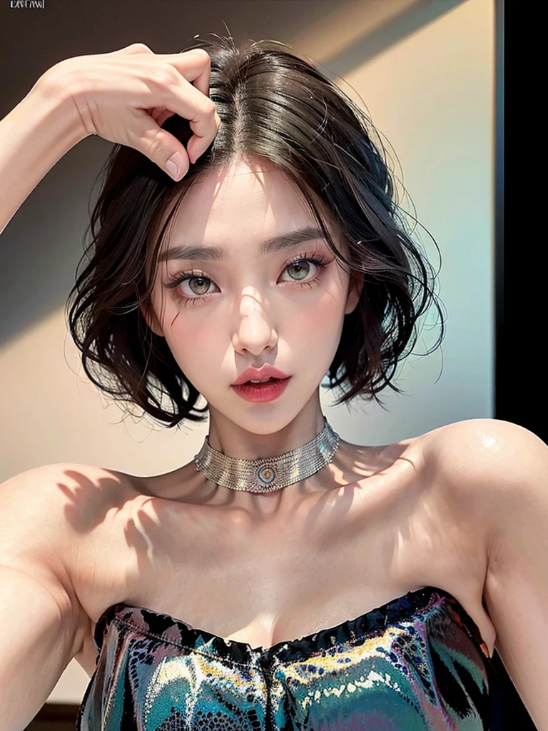 1girl, alone, solitary, high quality, (best quality,4k,8k,highres,masterpiece:1.2),ultra-detailed,(realistic,photorealistic,photo-realistic:1.37),gorgeous hair,black hair,short hair with bangs,sharp eyes,mole under the eye,plump lips,jewelry,(high detailed skin:1.4),(rim lighting:1.3),(lit:1.3),(sunny day:1.3),portrait,beautiful lips,bob haircut,seductive gaze,moles,casual clothes,colorful clothing,close up,bob hair,choker necklace,light eyes,bangs,fringe,28 year old,dimples on the cheeks,dimples,jet black hair,darkhair,dark black hair,black,red lips,red lipstick,round lips,round pouty lips,pouty lips,douyin makeup,sparkly makeup,glitter,contact lenses,blue,green,pink,purple,wine red,highlights,braids,braided,colored highlights,piercings,gems,lipstick,lip gloss
