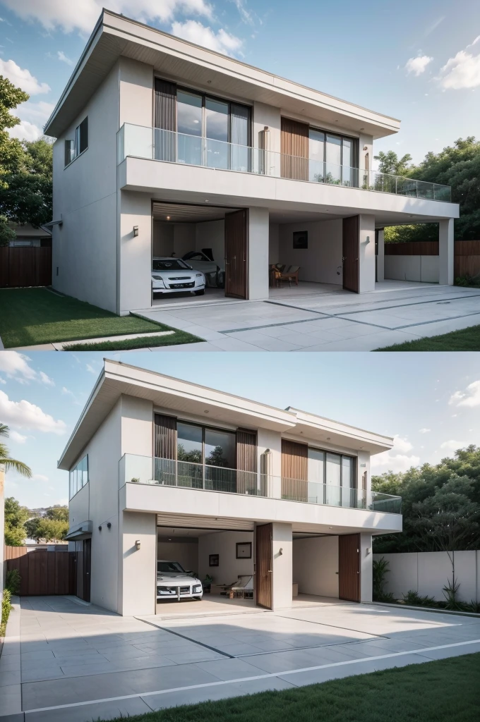 make a 3-story house, with a huge leisure area for the family, a garden in front of the house automatic door, The focus color of this house is white, gray and gold, com piscina e com uma Rolls royce e com uma dodge ram na garagem