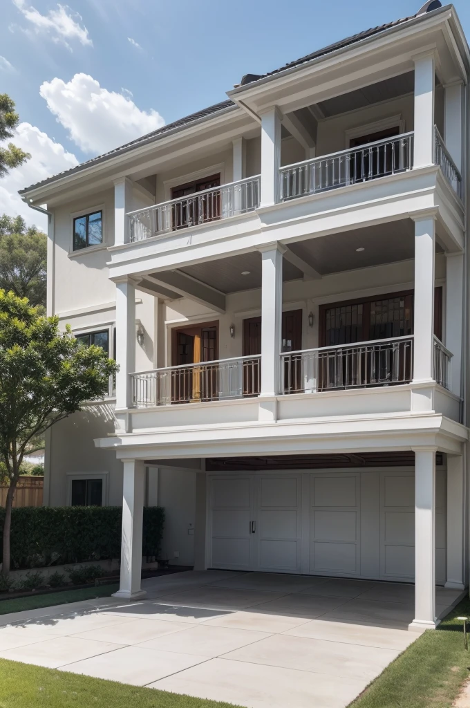make a 3-story house, with a huge leisure area for the family, a garden in front of the house automatic door, The focus color of this house is white, gray and gold, com piscina e com uma Rolls royce e com uma dodge ram na garagem