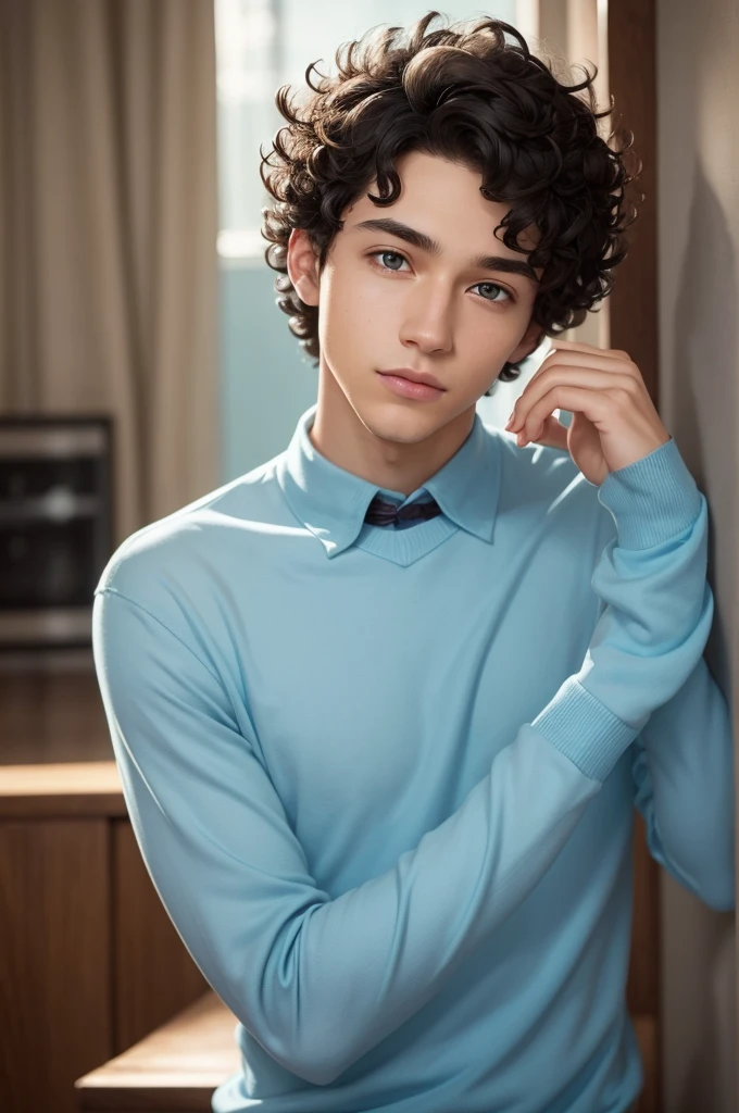 I want a photo of a character from the Pixar movie. He is a young man with light blue skin, short curly hair, beautiful elegant, va, posing as an intellectual