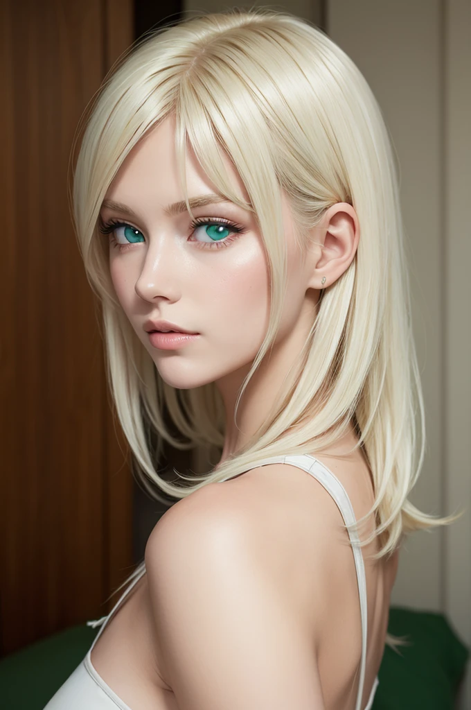 White blonde with green eyes
