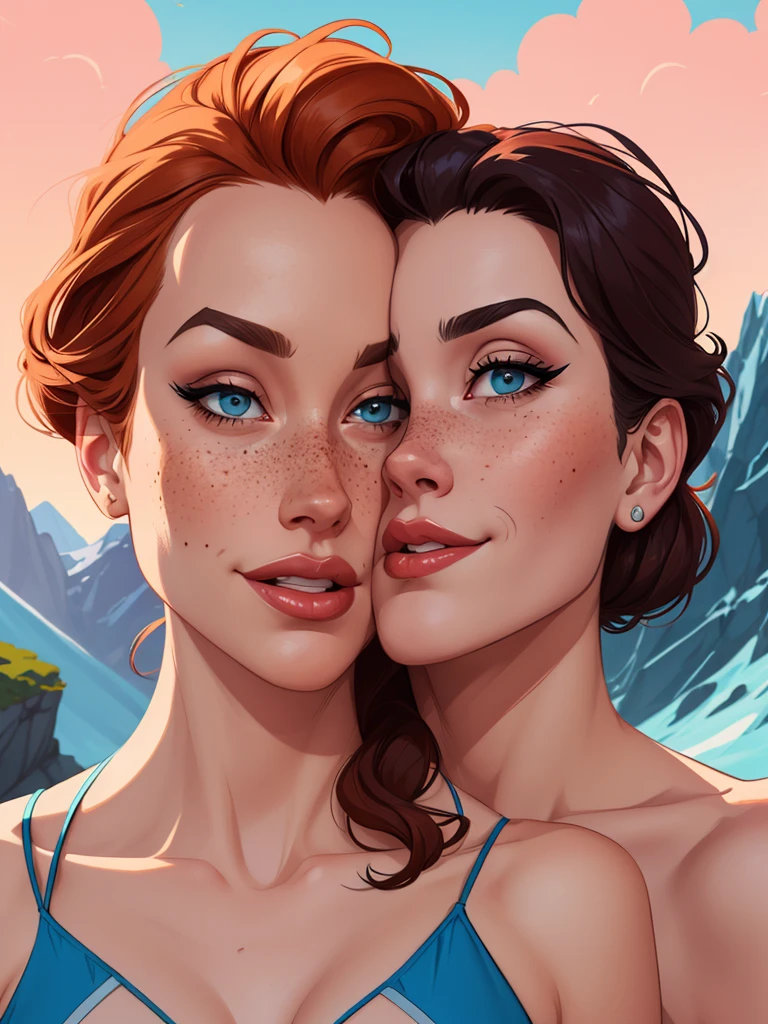 Beautiful portrait mode pose Cartoon character in dynamic pose two women together with freckles on their faces Disney princess Queen Anna of Arendelle with 1,60cm on the left and together with a symmetrical body and beautiful breasts, well-defined body, delicate and sensual, cartoon style, digital illustration Portrait mode a close up of two women Cartoon style digital illustration in bikinis in front of a mountain, artegerm e lois van baarle, artegerm e atey ghailan, uniform model | artegerm, artegerm e Genzoman, artegerm comic, as seen in artegerm, artegerm e wlop, artegerm and rossdraws style digital illustration cartoon style 
