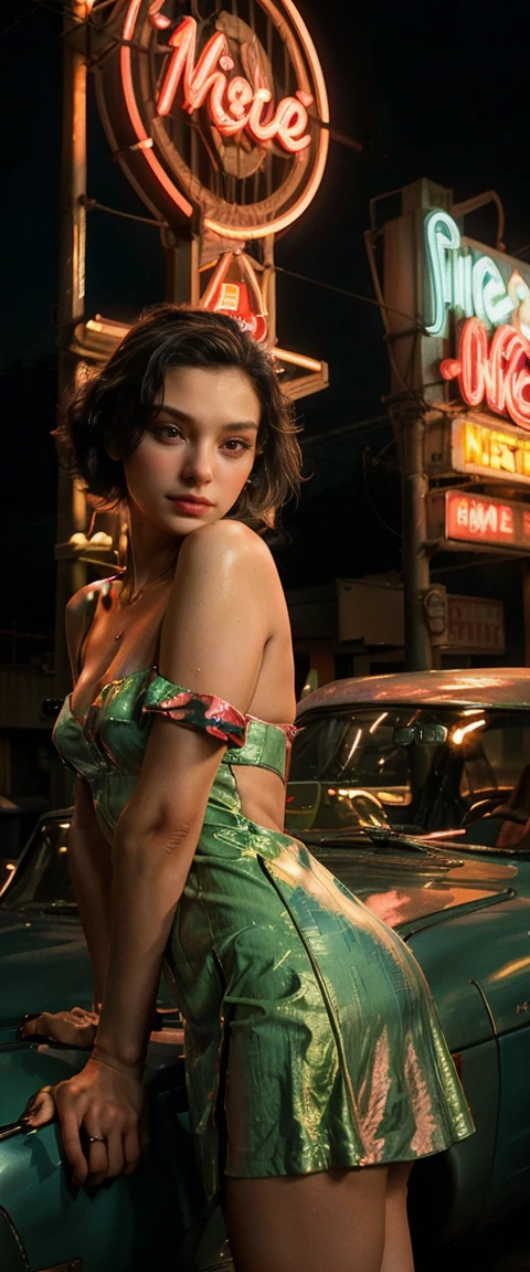 ((Masterpiece, of the highest quality, Maximum image quality, high resolution, photorealistic, photo and gross, 8k)), Aerial view of a motel with a car parked in front of it., with neon signs, A woman waiting for a guest in front of a motel., seduction, short dress and high heels, Route 6 6, neon signs, 1 9 5 0 s turismo americano, some have neon signs, Neon lights outside, neon advertisements, gigantic neon signs, neon shops, Lt. Arnie Swekel, few neon signs, neon signs in background,