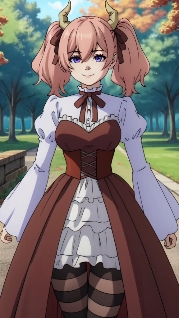 line eye,One girl,alone,Short Twin Tails,Hair between the eyes,Pink Hair,Medium Hair,Devil horns,Dark red hair ribbon,Pointed Ears,Purple eyes,smile,
Ruffled shirt collar,Dark red choker,White frill shirt,Juliet Sleeve,Long sleeve,Dark red neck ribbon,Dark red dress,White ruffle dress,White layered dress,Brown corset,Striped pantyhose,
Mary Jane,Outdoor,, Amazing visuals, High resolution,masterpiece,Highest quality,Amazing visuals,High resolution,masterpiece,Highest quality,1 Beautiful Fingers,Beautiful long legs,Beautiful body,Beautiful character design,Esbian all over、  Cowboy Shot