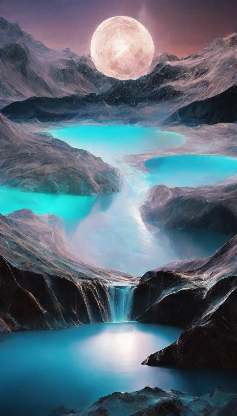 Mountain range view with lake and full moon, bright blue glowing water, Beautiful exotic landscape, glowing water, blue glowing, Wonderful exotic landscapes, Breathtaking alien landscapes, Amazing alien landscapes, fractal!! water, Cyan lighting. Fantasy, Surreal frozen landscape, water everwhere Fantasy, Detailed dreamscape, blue waters, Magical sparkling lake, Beautiful blue light