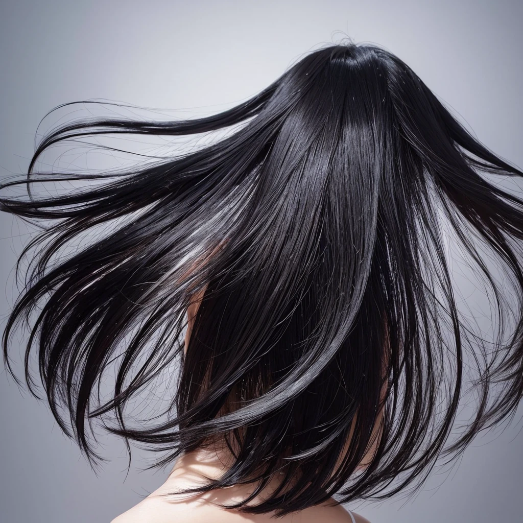 High quality, real photo, Japanese, black hair, shiny, beauty salon commercial, constant light intensity, only hair swaying, hair swaying in the wind, back view, silver background, hair length the same, only hair
