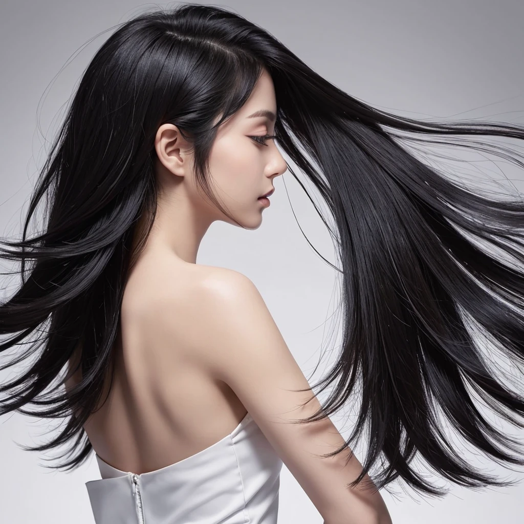 High quality, real photo, Japanese, black hair, shiny, beauty salon commercial, constant light intensity, only hair swaying, hair swaying in the wind, back view, silver background, hair length the same, only hair