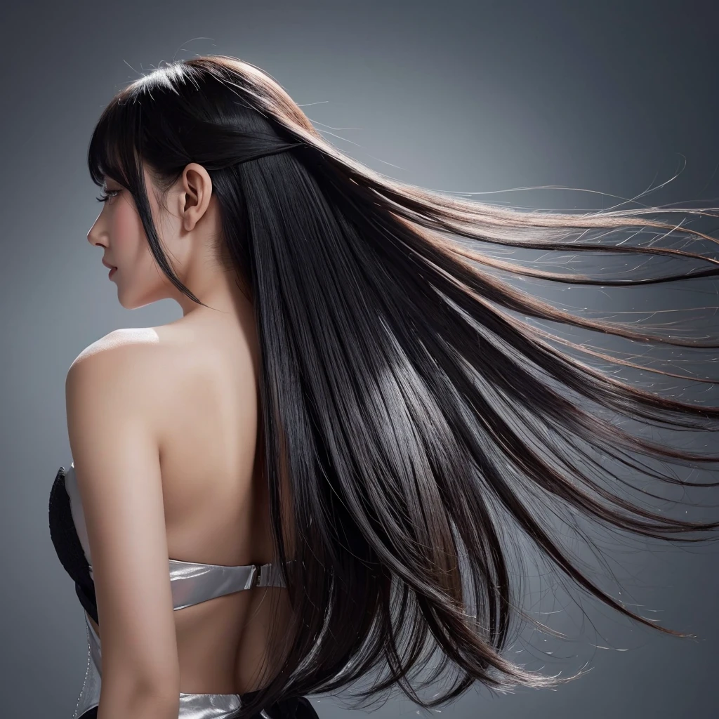 High quality, real photo, Japanese, black hair, shiny, beauty salon commercial, constant light intensity, only hair swaying, hair swaying in the wind, back view, silver background, hair length the same, only hair