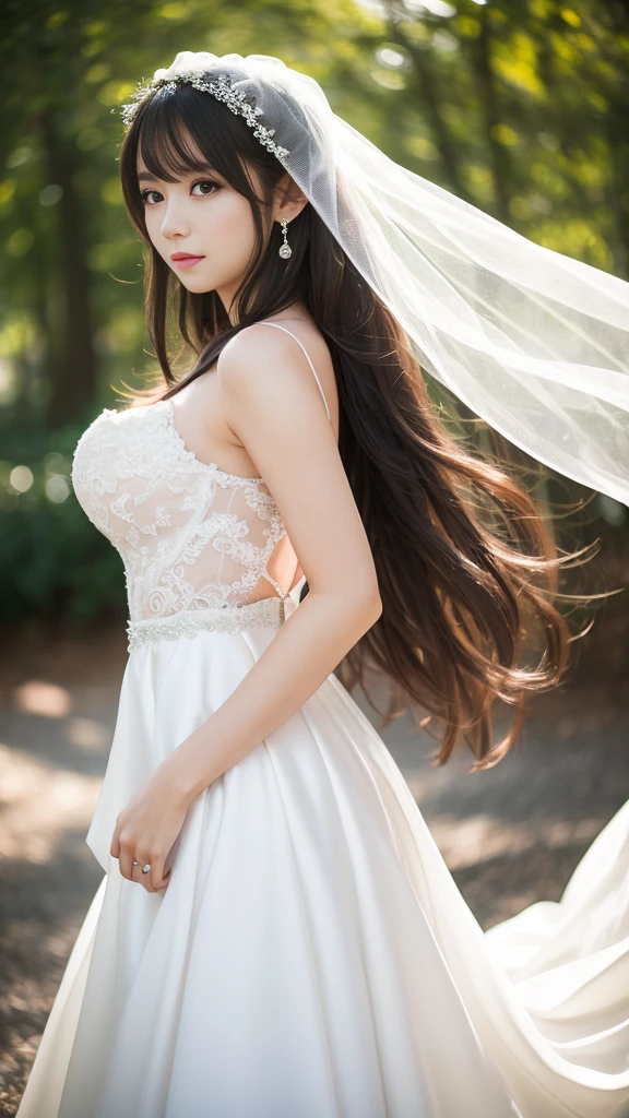 1girls, bride, Wedding Dresses, Open shoulders, Show big breasts, long-haired, bridal veil, bokeh, Depth of Field, blurred background, light particle, high wind, See the whole body..,