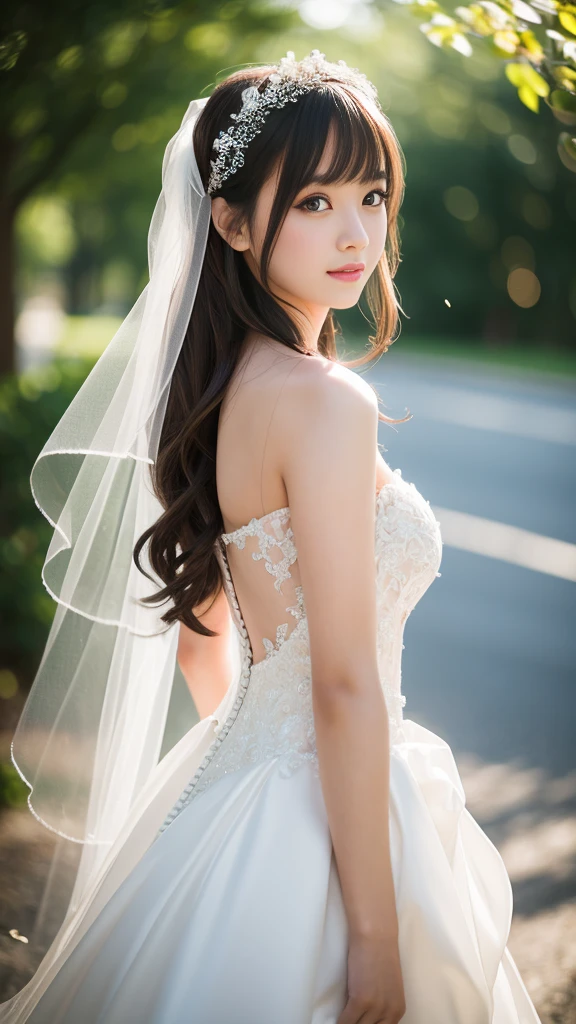 1girls, bride, Wedding Dresses, Open shoulders, Show big breasts, long-haired, bridal veil, bokeh, Depth of Field, blurred background, light particle, high wind, See the whole body..,