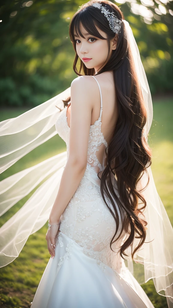 1girls, bride, Wedding Dresses, Open shoulders, Show big breasts, long-haired, bridal veil, bokeh, Depth of Field, blurred background, light particle, high wind, See the whole body..,