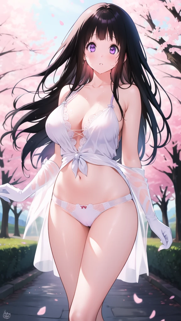 Amazing Chitanda, There is only one beautiful girl,Purple Eyes, Black Hair, Very red face,Very white skin,Glowing skin,Skin as delicate as porcelain,Naturally straight hair, Straight bangs,Extremely refined,Open lips,Long flowing hair,Beautiful Girl, Like a dream,Slim,Slim waist,Soft, (Sensual), (Kawaii), Dream quality,Beautiful big breasts,Sheer loose dress,Areola,Completely naked,Lower edge of breast,White gloves,Flower decoration,Deep V neckline,Loose neckline,White lace-up,Wide neckline,Walking in school,Place your hands on your inner thighs,Thighs clamp hands,Wet skin,Sweaty and sweaty,Sweating all over,Underwear Rain,Next to the cherry blossom trees,Back to,Lean over,Hips,Side body,Gluteal groove,Completely naked的臀部,Bare back,Completely naked的背部,Light transmission,(no pants),nopan,pussy juice,Bare shoulders,There are no shoulder straps,Bare neck,Exposed collarbone,Exposing breasts,Exposing breasts侧面,Exposing breasts下面,Show your waist,Show your buttocks,Show your thighs,Exposing the groin,(No pants),extremely shy,Ultra-high resolution, (masterpiece:1.2, best quality), (Delicate and beautiful eyes: 1.2), (Beautiful and delicate face)