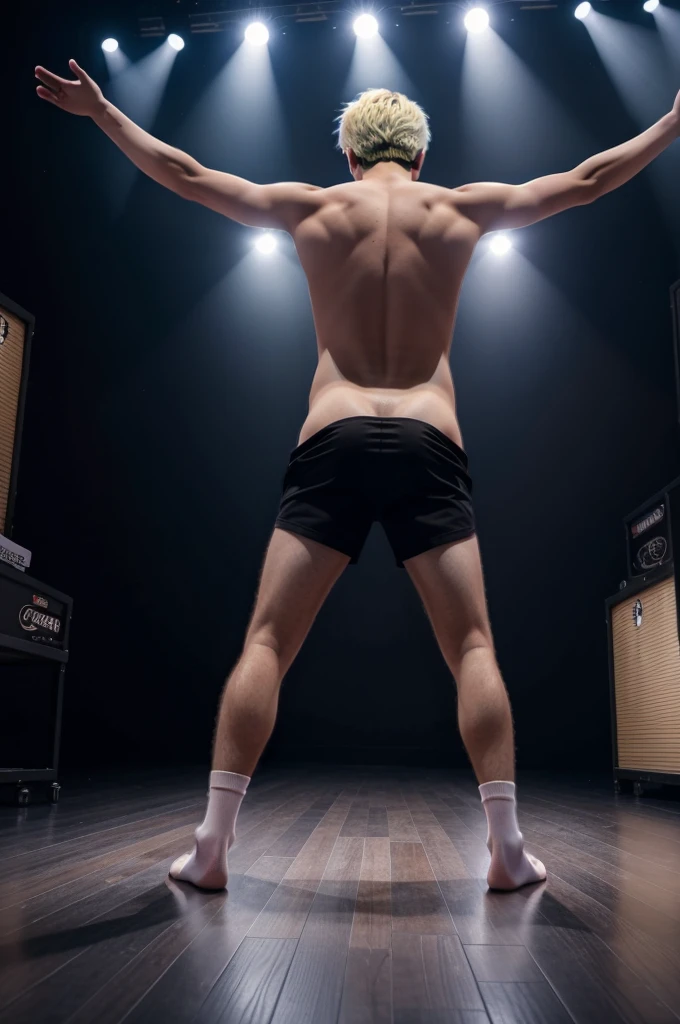 Wide angle,nude ass guy,Turn back photo,Korean teenage guy singer idol, cropped blonde hair standing full body shot turn back on concert stage,Spread out two arms. , white socks, nude ass,night time,,Light from spotlight 