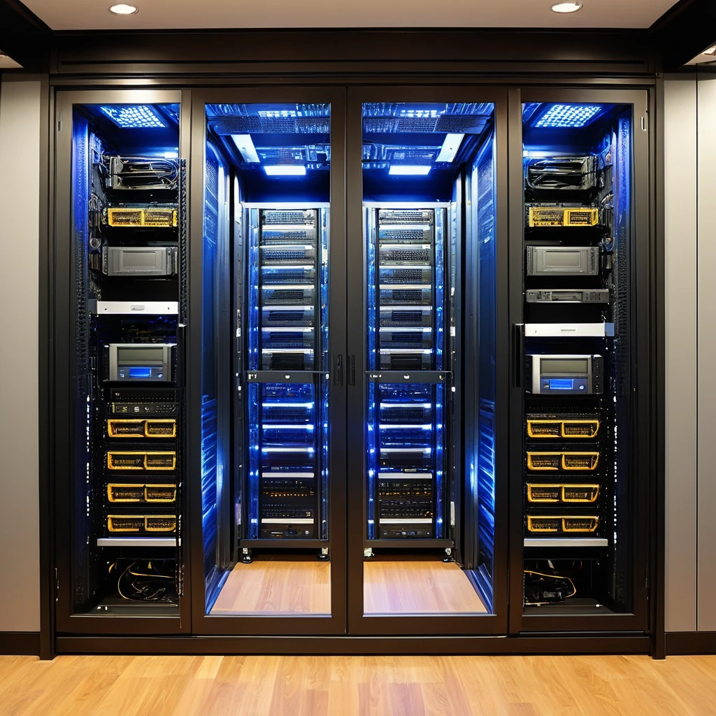 I room with a large rack system on a swivel system. the rack houses a large network and media server. The cables come down out of the ceiling and into the front of the rack and into the switches, nice and neat. The servers are in a room with glass doors. Hi-tech, micro detailed ornate.