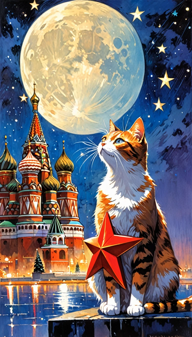 1communist cat, red star, magic, fantastic, night sky, moon, stars, background, Moscow (art inspired in Bill Sienkiewicz). oil painting)