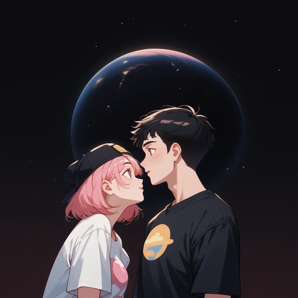 they are поцелуи in front of a galaxy and big planet ночью, big pink planet in the background, поцелуи together cutely, couple поцелуи, They are in love, taken at night, big planet in the background, boy and girl, girl with black hair, ((guy in a white t-shirt))