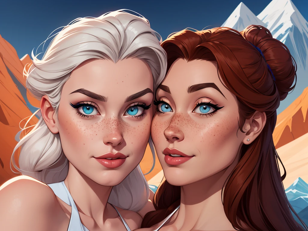 Beautiful portrait mode pose Cartoon character in dynamic pose two women together with freckles on their faces Disney princess Queen Anna of Arendelle with 1,60cm on the left and together with a symmetrical body and beautiful breasts, well-defined body, delicate and sensual, cartoon style, digital illustration Portrait mode a close up of two women Cartoon style digital illustration in bikinis in front of a mountain, artegerm e lois van baarle, artegerm e atey ghailan, uniform model | artegerm, artegerm e Genzoman, artegerm comic, as seen in artegerm, artegerm e wlop, artegerm and rossdraws style digital illustration cartoon style