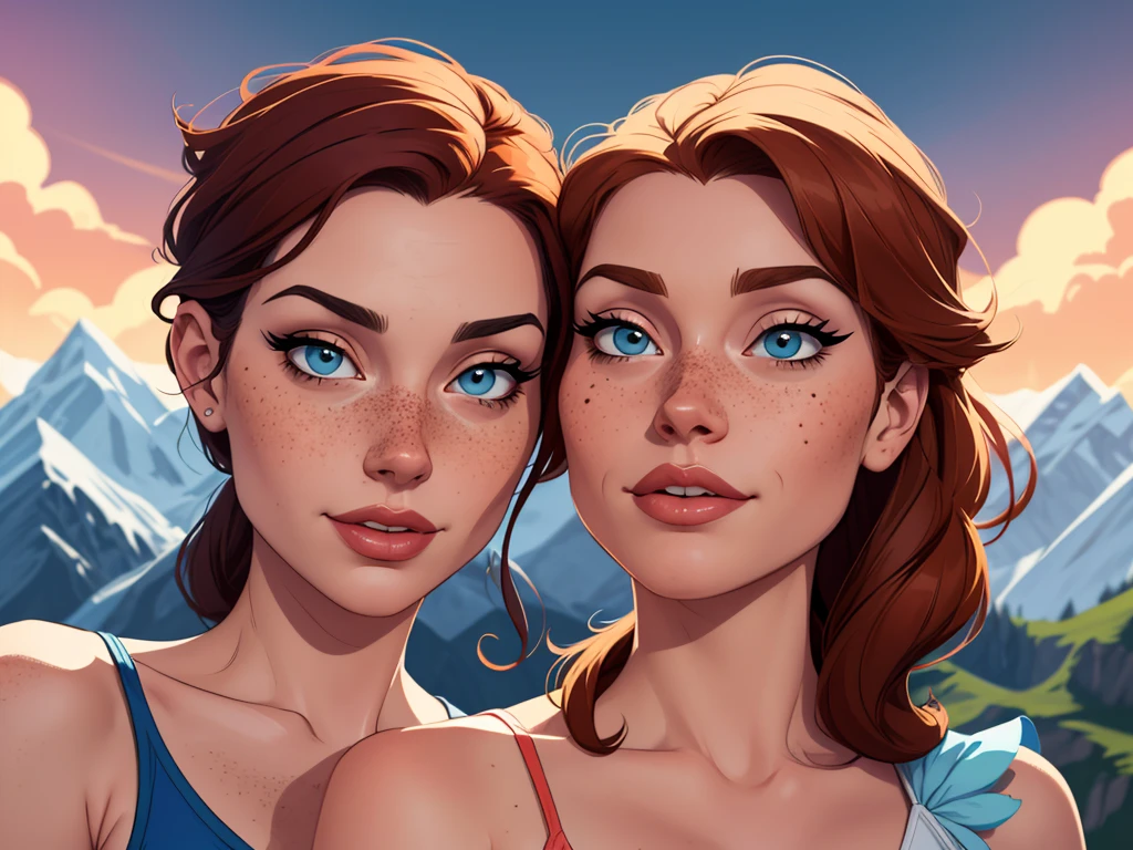 Beautiful portrait mode pose Cartoon character in dynamic pose two women together with freckles on their faces Disney princess Queen Anna of Arendelle with 1,60cm on the left and together with a symmetrical body and beautiful breasts, well-defined body, delicate and sensual, cartoon style, digital illustration Portrait mode a close up of two women Cartoon style digital illustration in bikinis in front of a mountain, artegerm e lois van baarle, artegerm e atey ghailan, uniform model | artegerm, artegerm e Genzoman, artegerm comic, as seen in artegerm, artegerm e wlop, artegerm and rossdraws style digital illustration cartoon style