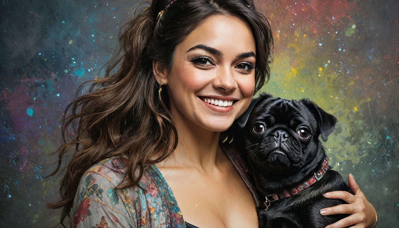 half body,
a woman smile with her best friend her pug dog,
dark complex background, style by Thomas Kinkade+David A. Hardy+Carne Griffiths+Mandy Disher half vivid colors fine art, best quality, high detailed, detailed faces, 2d,