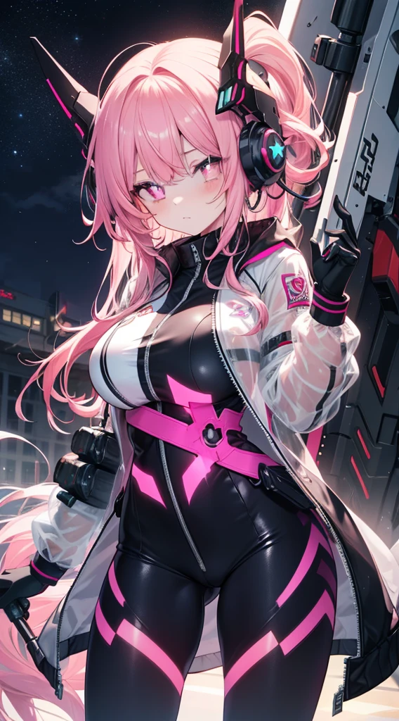 ((masterpiece))) whole body, whole body Shot (One Girl) ((Pink Hair, Long Hair, Straight hair, Both sides up))), ((Green Eyes))), eye shadow, eyeliner, Glowing Eyes, Hyper Detail Eye, Complex eyes, Beautiful Eyes, Fine grain, (((Star-shaped pupils, Shining pink eyes))) 18-year-old girl. (Wearing a transparent PVC jacket)) huge cool weapon mechanical in hand, huge cool weapon mechanical, Mecha, Mechaanism, mechanical, Open Stance, Coalesce