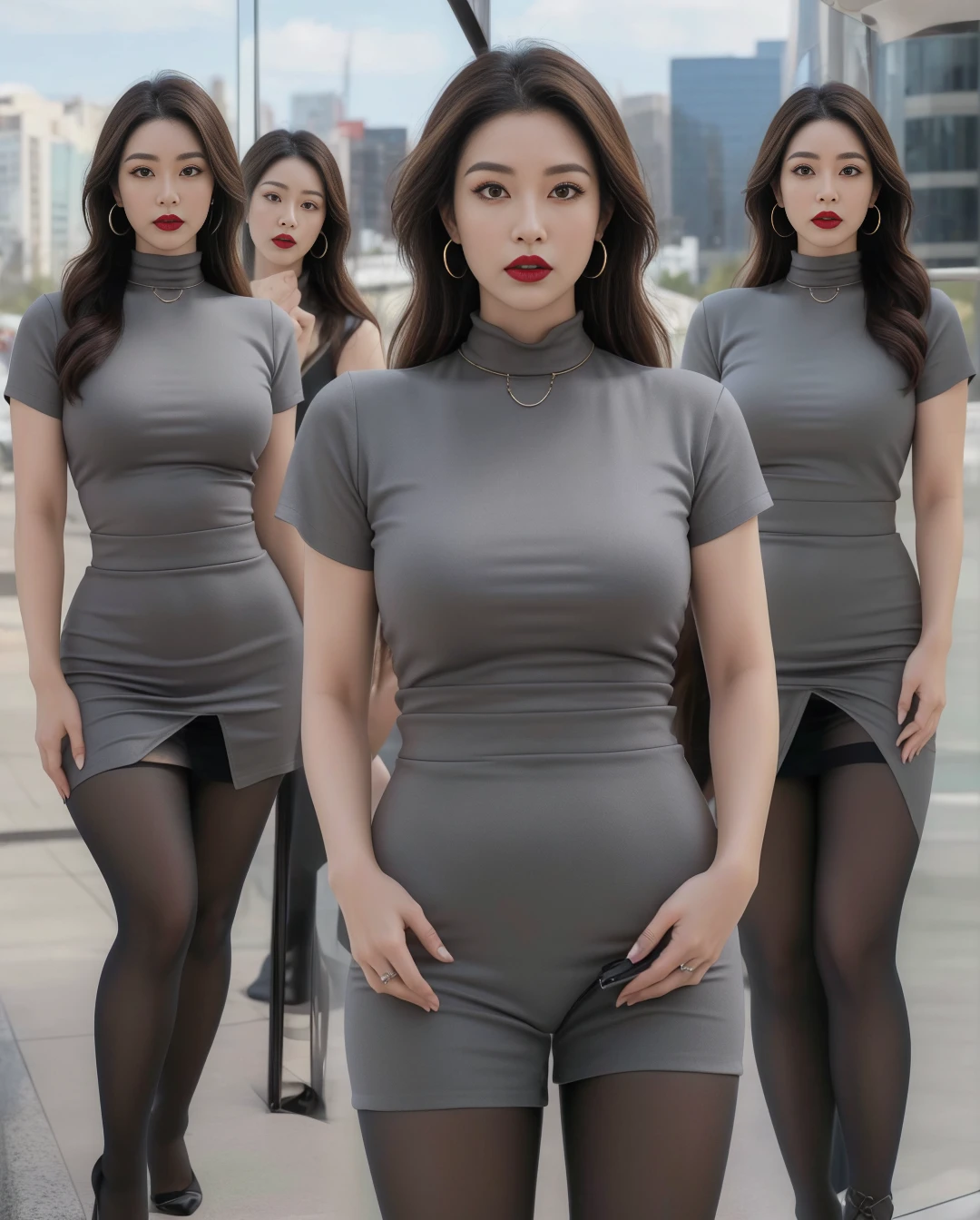 outdoor,Gray clothes, (No cleavage),thigh, cosmetic, (lipstick: 1.1), (Eyeliner: 1.2), mascara, Eyeshadow,Outdoor sports, earrings, necklace, Black tights, Wrinkles at the corners of the eyes, Oral wrinkles,High Neck Knit Bodycon Skirt,full-body shot,An Asian Japanese woman,65 years old,big eyes,elegant temperament elegant temperament,(masterpiece:1.2, best quality), actual, (The real situation,45 years old, Intricate details, Depth of Field,High neck clothes), careful, The content is very detailed, This is a perfect face, Perfect body, Large Model, Mature woman, High, Leg length,Black silk garter belt,8K,best quality, masterpiece, Ultra-high resolution,(lifelike:1.4), original photo, Stay focused, detailed, Dramatic, Exquisite beautiful woman, (tall and straight:1.1),(Fat goddess desetallic high leg high collar dress mini skirt:1.0),(High collar fitted skirt),half butterfly earrings, double ring necklace, (:1.05), (65 years old, : 1.4), cosmetic, (lipstick: 1.1), (Eyeliner: 1.2), mascara, Eyeshadow, Long curly hair, Dynamic Angle, (red lips)Beautiful graphics, thigh long,Random Color Greasy Reflective Tights, Scenes,Fishnet stockings,Red high heels