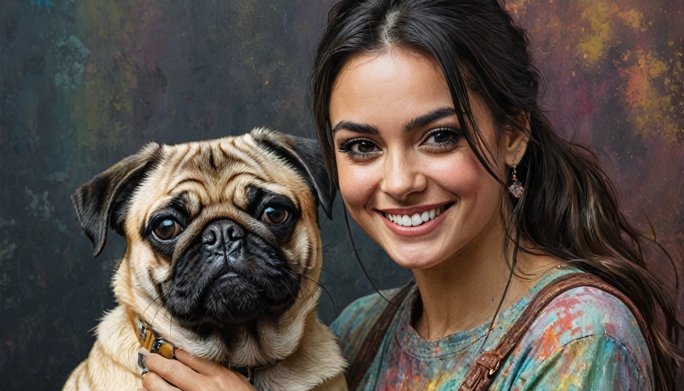 half  body,
a woman smile  with her best friend her pug dog,
dark complex background, style by Thomas Kinkade+David A. Hardy+Carne Griffiths+Mandy Disher half vivid colors fine art, best quality, high detailed, detailed faces, 2d,