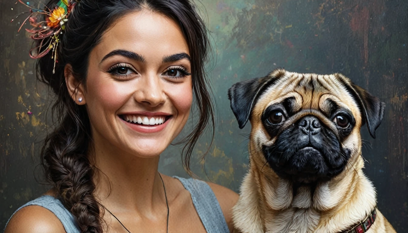 half body,
a woman smile with her best friend her pug dog,
dark complex background, style by Thomas Kinkade+David A. Hardy+Carne Griffiths+Mandy Disher half vivid colors fine art, best quality, high detailed, detailed faces, 2d,