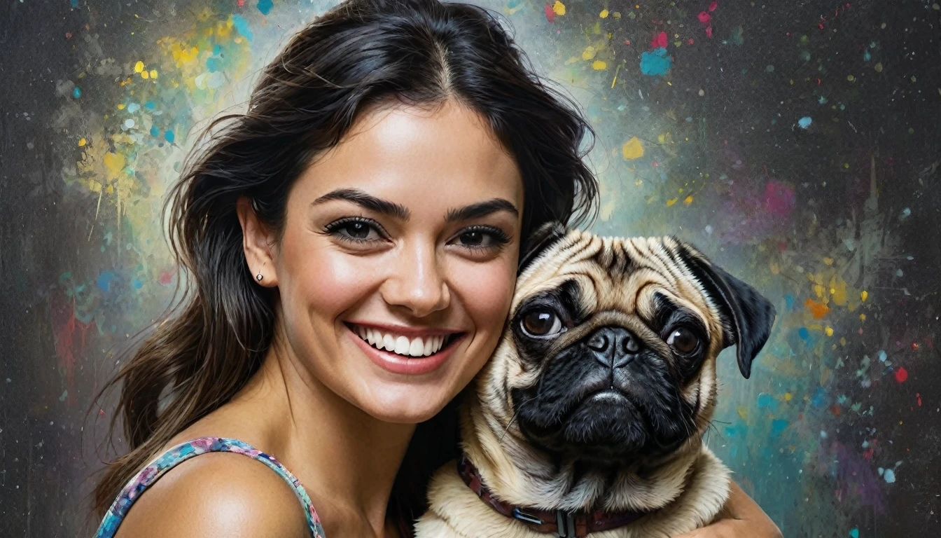 half  body,
a woman smile  with her best friend her pug dog,
dark complex background, style by Thomas Kinkade+David A. Hardy+Carne Griffiths+Mandy Disher half vivid colors fine art, best quality, high detailed, detailed faces, 2d,
