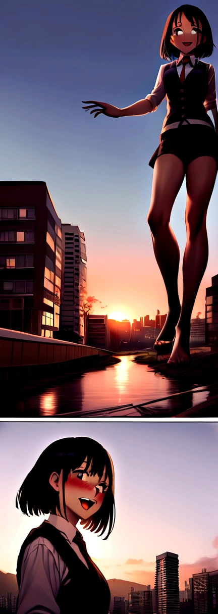 Horror、Scary face、Big Mouth、smile、Giantessによって破壊される街、The city is in panic、Giantess girl、Destroyed urban area、Low - Angle、walk、Highest quality、perfection、Beautiful woman、young、16 years old、Bob Hair、Grey vest、White short sleeve shirt、Black Skirt、summer、blush、Sunset、Beautiful scenery、Famous actress、model、Japanese、Sexy posing、giantess、Giantess、Destroyed urban area、walk、Dark Imagery、A hopeless view、Realistic Cities、Realistic buildings