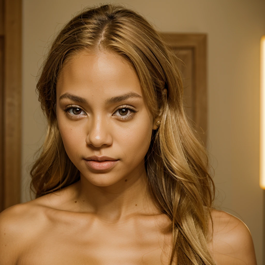 Light skin biracial woman with golden blond hair and light brown eyes