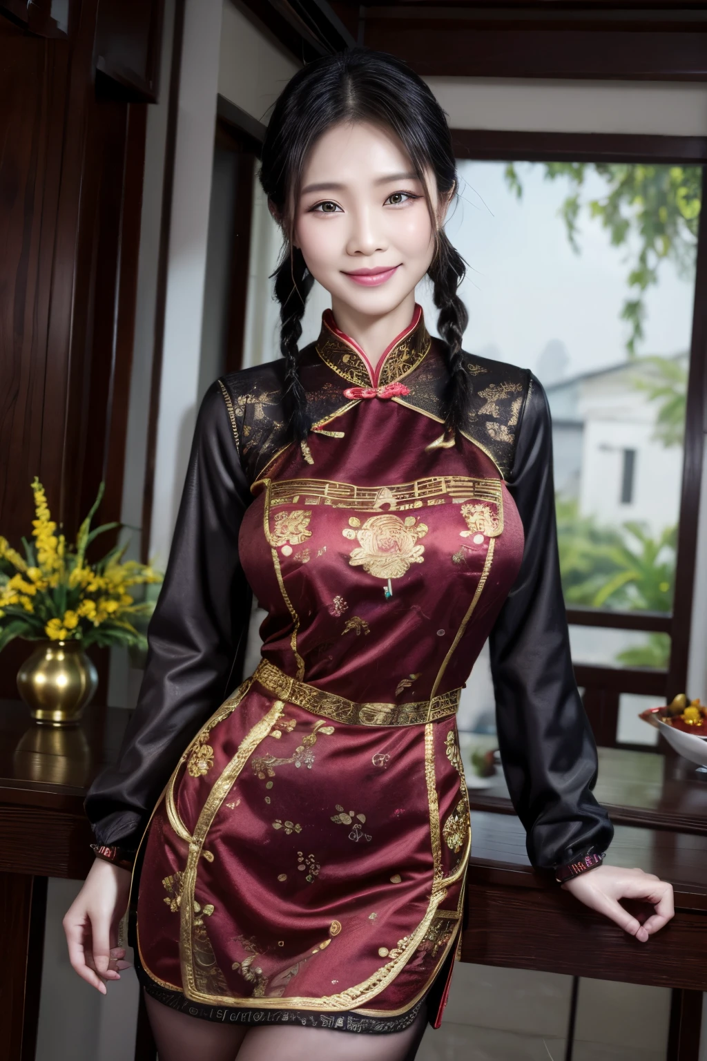 Eyes are very fragile，Double braids with cheongsam，Chinese New Year Decorations（（Smiling artwork）））， （（best quality））， （（Intricate details））， （（Surreal））（8K）