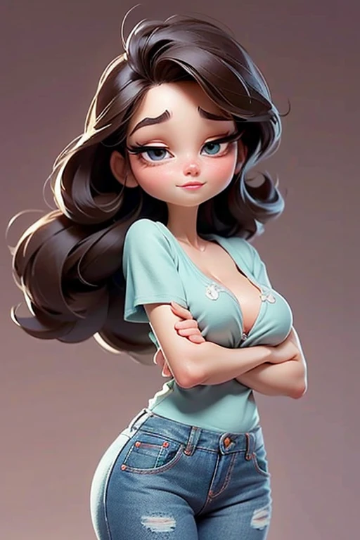 (best quality:1.4),(shiny skin), body focus, (cute face), (((best quality))), illustration, ((Beautiful Finger)), , Beautiful body, Beautiful character design, ,perfect lighting, Colorful, Bright_Front_face_Lighting, ultra high res, highres, absurdres:1.2, bokeh:1.2, lens flare, (vibrant_color:1.2), (Beautiful, medium breasts:1.2), (thick thighs:1.1), THICK, Female animated character, brown hair, mid-length wavy hair, big green eyes, pale skin, round face, slightly displeased or thoughtful expression, thin eyebrows, black tank top, silver necklace with a pendant, wrinkles, red lips, short hair, hand on hip, window, indoors, big pupils, green jeans, plants