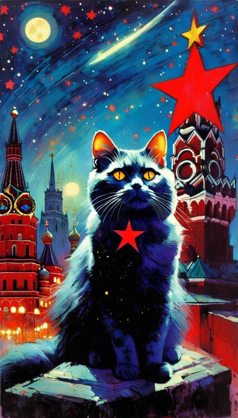 1communist cat, red star, magic, fantastic, night sky, moon, stars, background, Moscow (art inspired in Bill Sienkiewicz). oil painting)