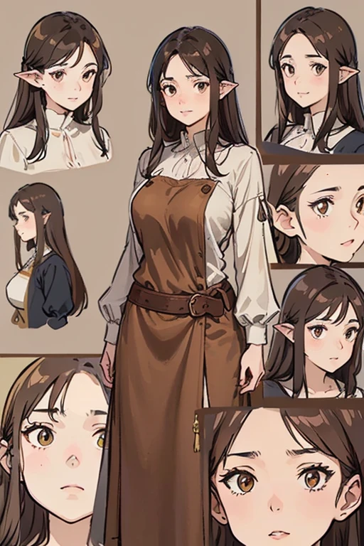 A selection of various facial expresions, straight haired brunette adult female wearing loose brown dress, warm brown colored shirt with low neckline and cuffed sleeves, medieval, brown hair, large long shaped tits, silly personalty, cute happy demeanor, sunny disposition, deredere, character sprite sheeet, reference sheet, model sheet