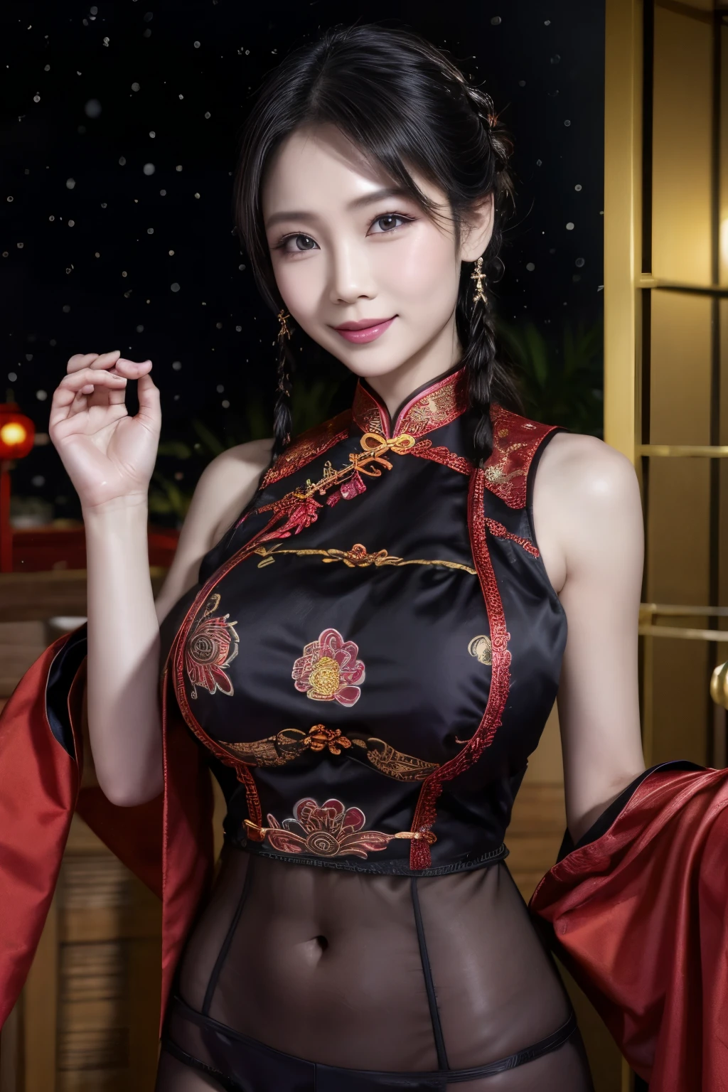 Eyes are very fragile，Double braids with cheongsam，Chinese New Year Decorations（（Smiling artwork）））， （（best quality））， （（Intricate details））， （（Surreal））（8K）