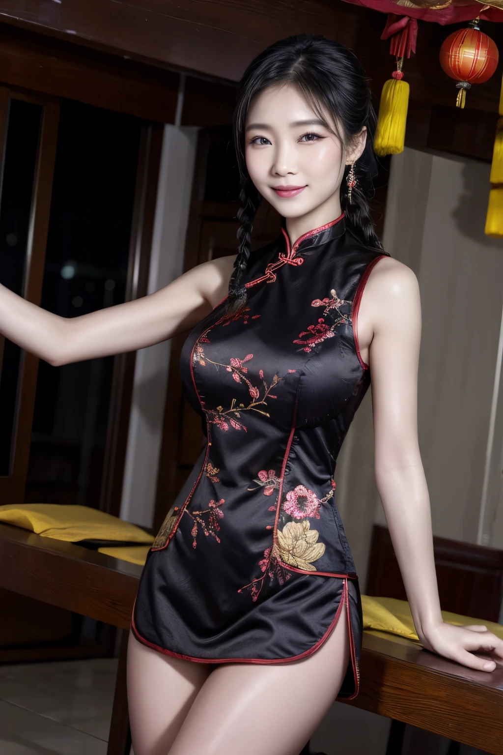 Eyes are very fragile，Double braids with cheongsam，Chinese New Year Decorations（（Smiling artwork）））， （（best quality））， （（Intricate details））， （（Surreal））（8K）