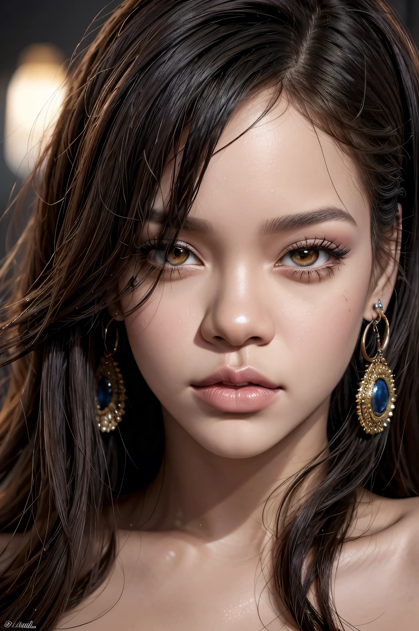 "Create a caricature of the singer Rihanna in 8K resolution, in a very detailed and realistic style, showing her from the front. Highlight her stylized and voluminous hair, intense and expressive eyes, full and sensual mouth, and well-defined nose Add details like statement earrings and sophisticated makeup, capturing your confident attitude and unmistakable charisma.