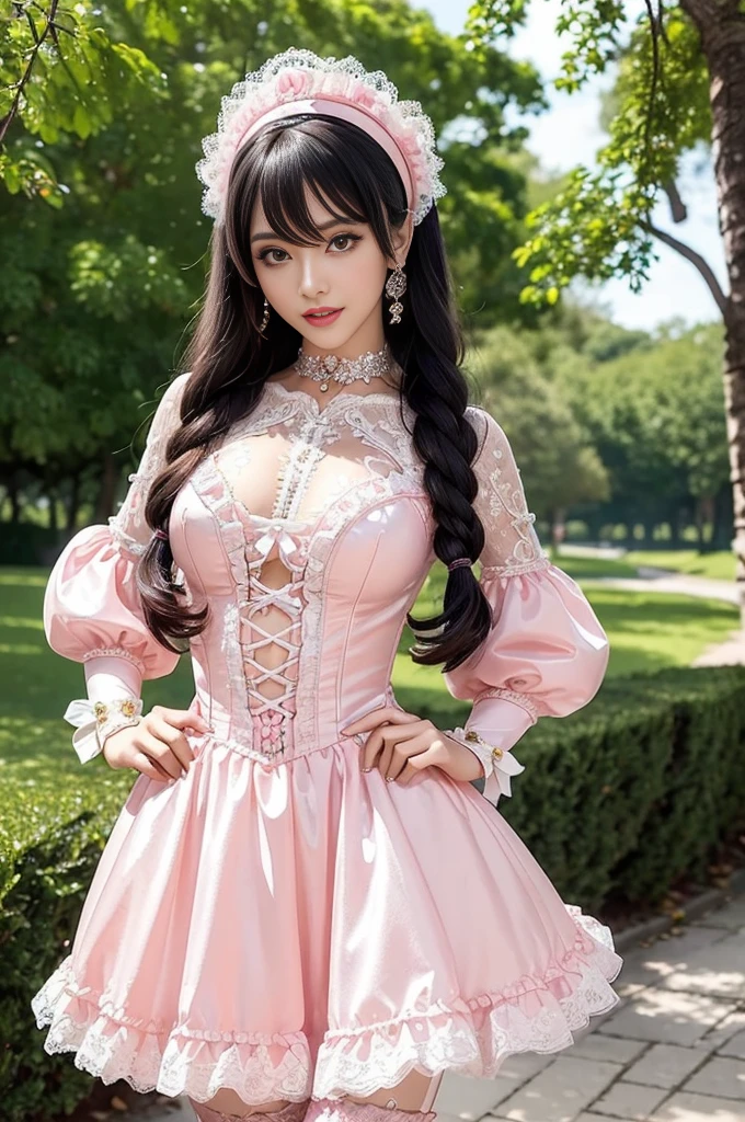 sexy stylish Swedish model, only 1 female, ((doll-like appearance)), long neon pink stylish hair, ((shiny Victorian-Style boots)), (happy smile), ultra detailed eyes, very detailed eye makeup, lipgloss, long lashes, defined eyebrows, ((sexy Paradise Kiss cosplay)), bell-shaped skirt, petticoats, high neckline, puffed sleeves, ((ultra detailed lace)), ((ultra detailed embroidery)), intricate details, Paradise Kiss accessoires and matching headpiece, choker, ((large sparkling Paradise Kiss jewelry)), cinematic light, detailed large park background with trees