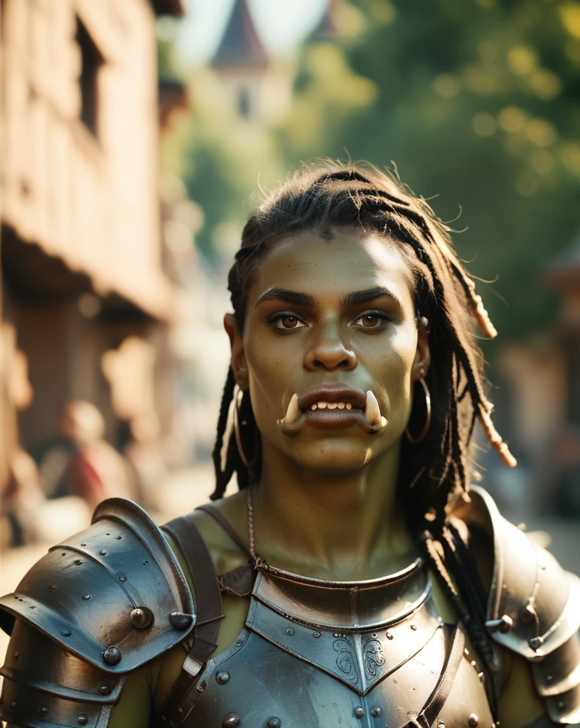 score_9, score_8_up, score_7_up, portrait of orc woman, cultural portrait, natural lighting, brown eyes, warrior, (dreadlocks:0.7), armor, tusks, village background, realistic