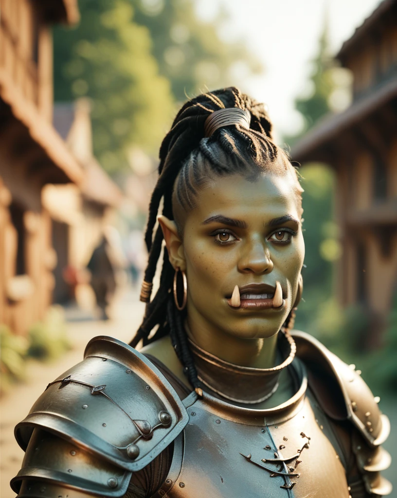 score_9, score_8_up, score_7_up, portrait of orc woman, cultural portrait, natural lighting, brown eyes, warrior, (dreadlocks:0.7), armor, tusks, village background, realistic