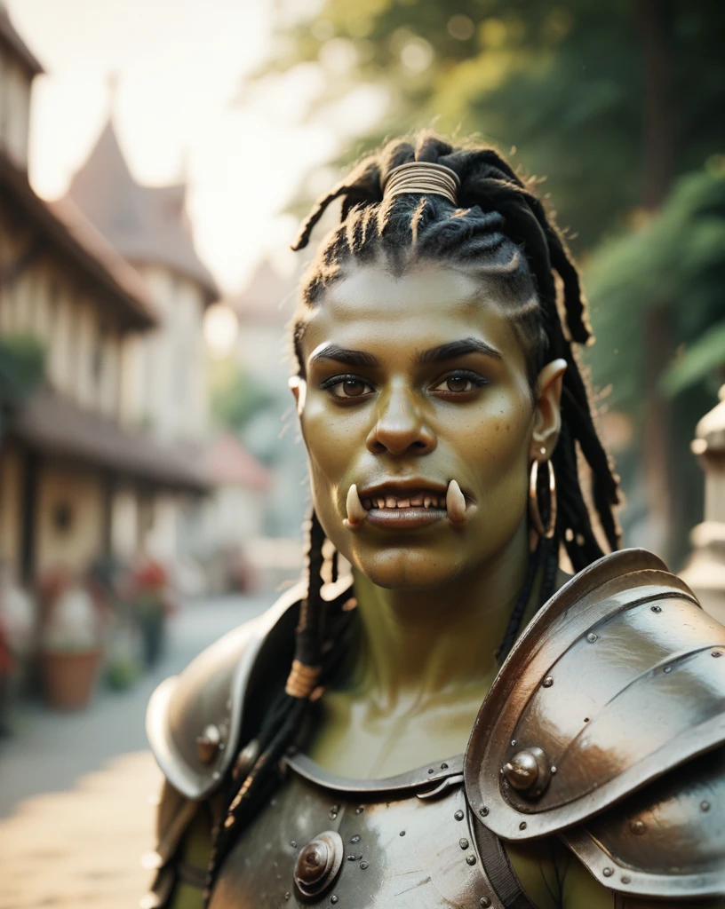 score_9, score_8_up, score_7_up, portrait of orc woman, cultural portrait, natural lighting, brown eyes, warrior, (dreadlocks:0.7), armor, tusks, village background, realistic