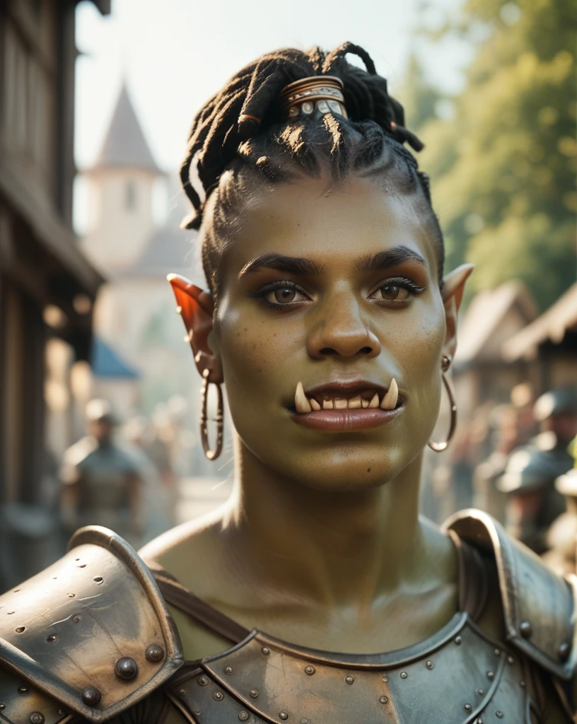 score_9, score_8_up, score_7_up, portrait of orc woman, cultural portrait, natural lighting, brown eyes, warrior, (dreadlocks:0.7), armor, tusks, village background, realistic