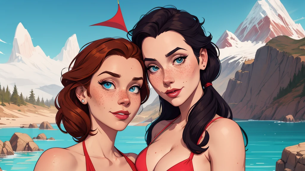 Beautiful portrait mode pose Cartoon character in dynamic pose two women together with freckles on their faces Disney princess Queen Anna of Arendelle with 1,60cm on the left and together with a symmetrical body and beautiful breasts, well-defined body, delicate and sensual, cartoon style, digital illustration Portrait mode a close up of two women Cartoon style digital illustration in bikinis in front of a mountain, artegerm e lois van baarle, artegerm e atey ghailan, uniform model | artegerm, artegerm e Genzoman, artegerm comic, as seen in artegerm, artegerm e wlop, artegerm and rossdraws style digital illustration cartoon style