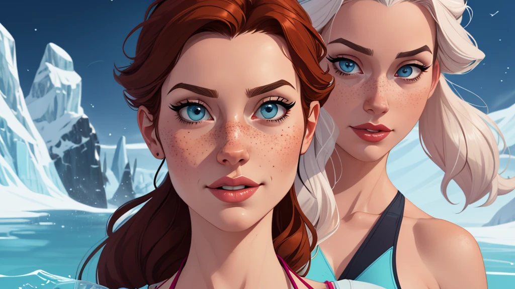 Beautiful portrait mode pose Cartoon character in dynamic pose two women together with freckles on their faces Disney princess Queen Anna of Arendelle with 1,60cm on the left and together with a symmetrical body and beautiful breasts, well-defined body, delicate and sensual, cartoon style, digital illustration Portrait mode a close up of two women Cartoon style digital illustration in bikinis in front of a mountain, artegerm e lois van baarle, artegerm e atey ghailan, uniform model | artegerm, artegerm e Genzoman, artegerm comic, as seen in artegerm, artegerm e wlop, artegerm and rossdraws style digital illustration cartoon style 