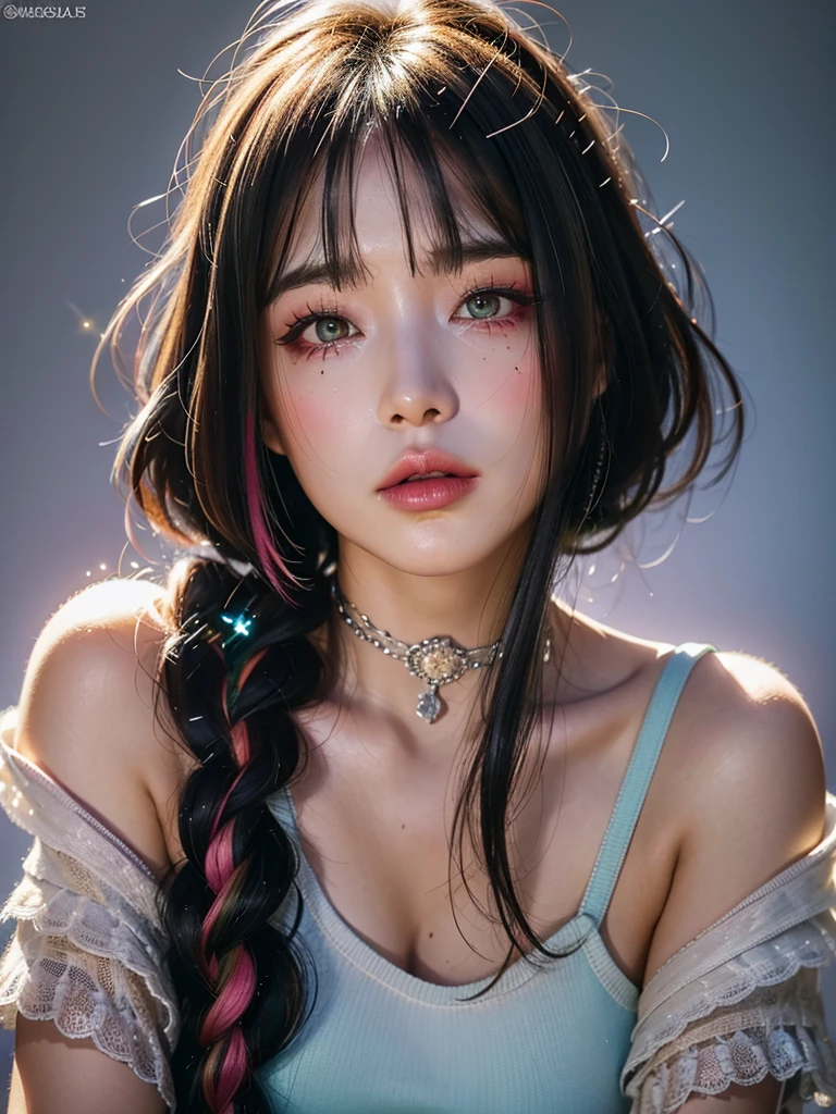 1girl, alone, solitary, high quality, (best quality,4k,8k,highres,masterpiece:1.2),ultra-detailed,(realistic,photorealistic,photo-realistic:1.37),gorgeous hair,black hair,short hair with bangs,sharp eyes,mole under the eye,plump lips,jewelry,(high detailed skin:1.4),(rim lighting:1.3),(lit:1.3),(sunny day:1.3),portrait,beautiful lips,bob haircut,seductive gaze,moles,casual clothes,colorful clothing,close up,bob hair,choker necklace,light eyes,bangs,fringe,28 year old,dimples on the cheeks,dimples,jet black hair,darkhair,dark black hair,black,red lips,red lipstick,round lips,round pouty lips,pouty lips,douyin makeup,sparkly makeup,glitter,contact lenses,blue,green,pink,purple,wine red,highlights,braids,braided,colored highlights,piercings,gems,lipstick,lip gloss