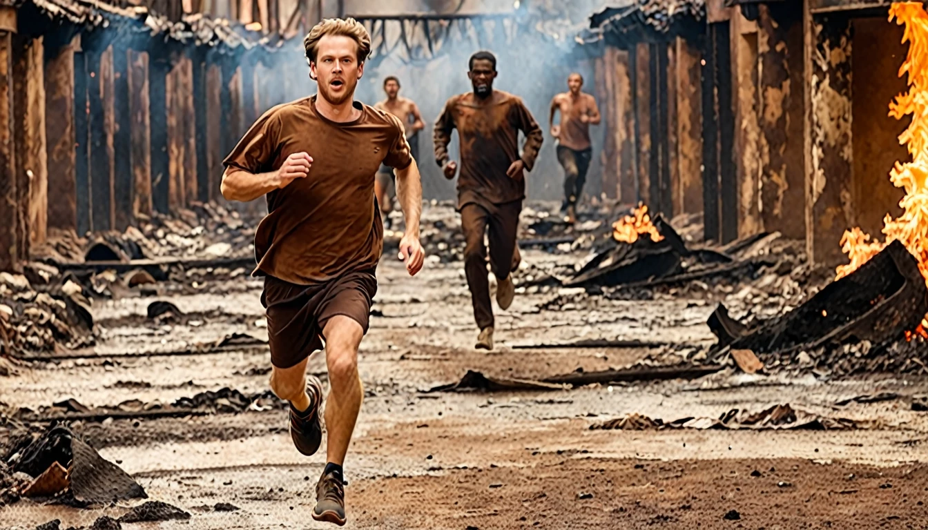 1 white man running, with brown shirt in rags, in hell