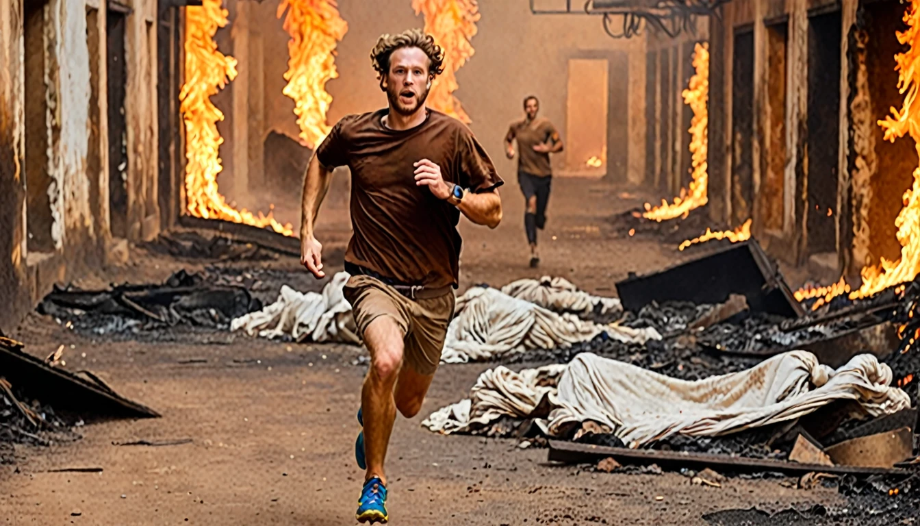 1 white man running, with brown shirt in rags, in hell