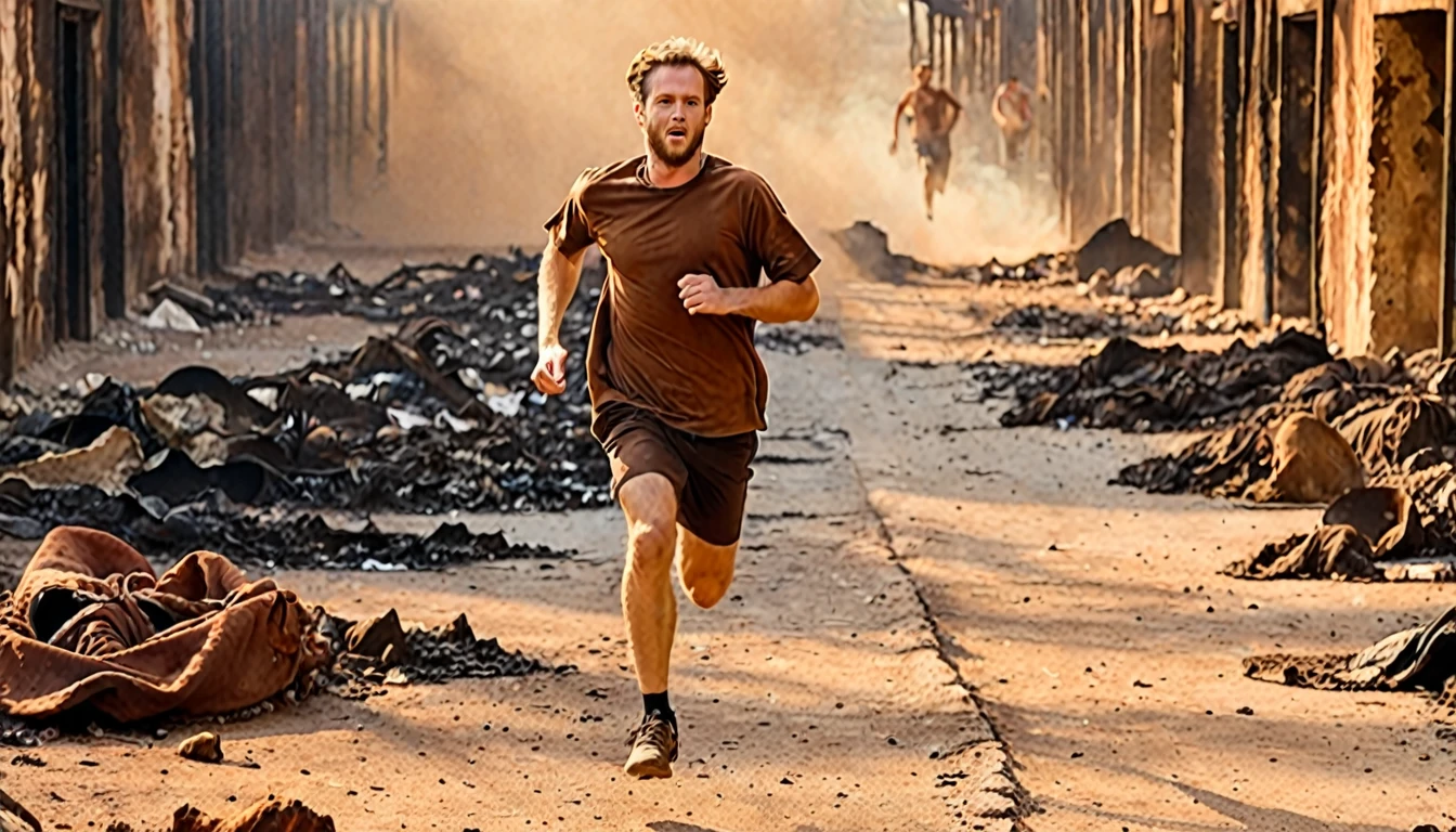 1 white man running, with brown shirt in rags, in hell
