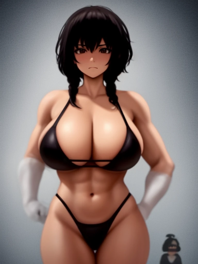 Woman in black bikini and small man in white shirt, weak and small man, thin and small physique, Very beauthful. , ,weak and defenseless man, small physique, , muscular ultraviolent woman, muscular and scary, absurdly huge physique, big muscles, extremely muscular woman,